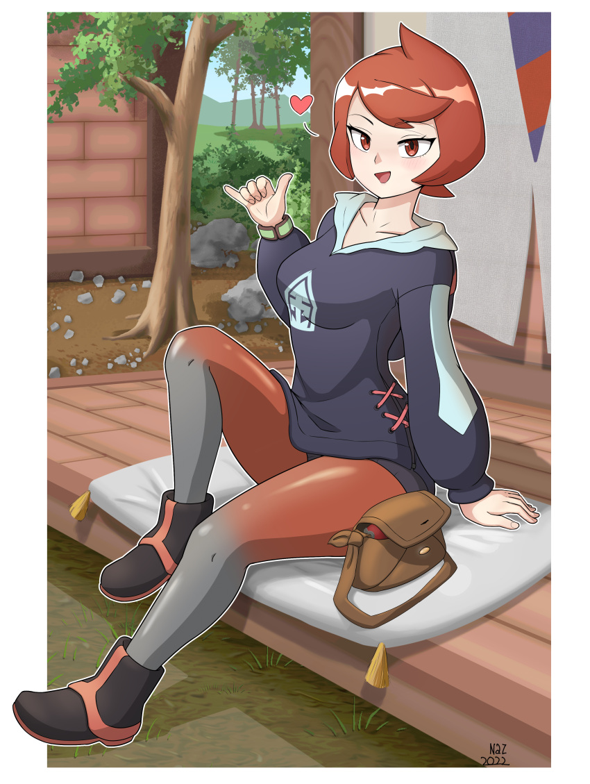 1girl :d absurdres arezu_(pokemon) arm_support bangs boots border bracelet brown_bag collarbone commentary cushion day eyelashes hand_up heart highres jacket jewelry long_sleeves open_mouth outdoors outline pantyhose pokemon pokemon_(game) pokemon_legends:_arceus red_eyes red_hair sembem short_hair short_shorts shorts sitting smile solo swept_bangs tongue tree white_border