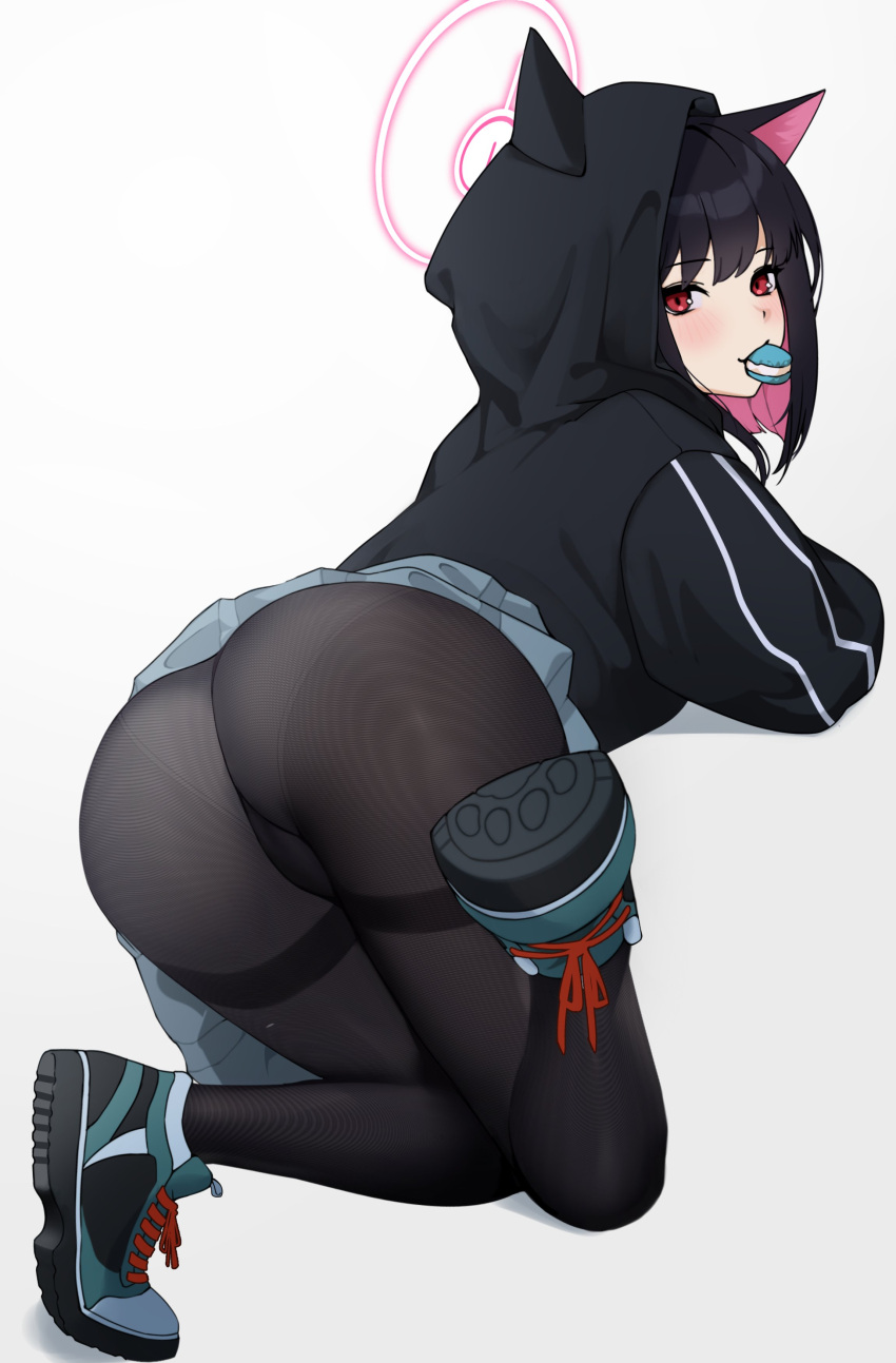 1girl absurdres animal_ears black_hair black_pantyhose blue_archive colored_inner_hair ett fine_fabric_emphasis food from_behind halo highres hood hood_up hooded_jacket jacket kazusa_(blue_archive) macaron miniskirt multicolored_hair panties panties_under_pantyhose pantyhose pink_eyes pink_hair pleated_skirt shoes skirt sneakers solo two-tone_hair underwear white_skirt