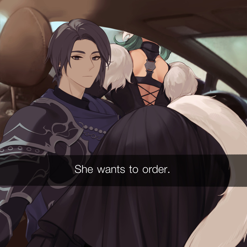 2girls androgynous armor ass back bent_over black_dress black_eyes black_hair blurry blurry_background car car_interior car_seat cat_tail closed_mouth contemporary dress earrings empty_eyes english_text expressionless feathers final_fantasy final_fantasy_xiv grey_hair ground_vehicle he_wants_to_order_(meme) highres interior jewelry leaning_over looking_at_viewer meme miqo'te motor_vehicle multiple_girls pale_skin pannakotta selfie short_hair shoulder_armor tail y'shtola_rhul zero_(ff14)