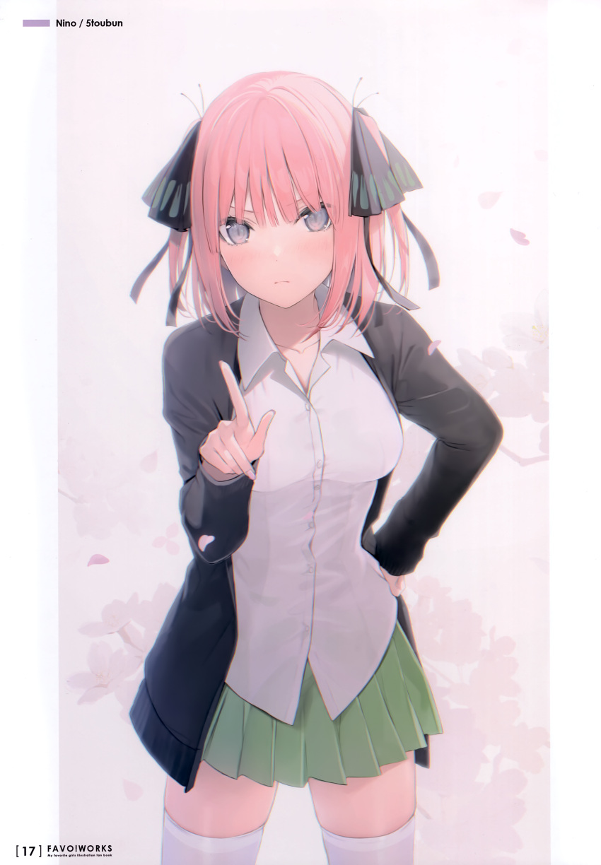 1girl 6u_(eternal_land) absurdres bangs blush bow breasts buttons character_name closed_mouth collarbone copyright_name fingernails go-toubun_no_hanayome gradient gradient_background green_skirt hair_bow hair_ornament hand_on_hip hand_up highres long_sleeves looking_at_viewer medium_breasts medium_hair nakano_nino open_clothes page_number petals pleated_skirt scan shirt short_twintails simple_background skirt thighhighs twintails white_shirt zettai_ryouiki