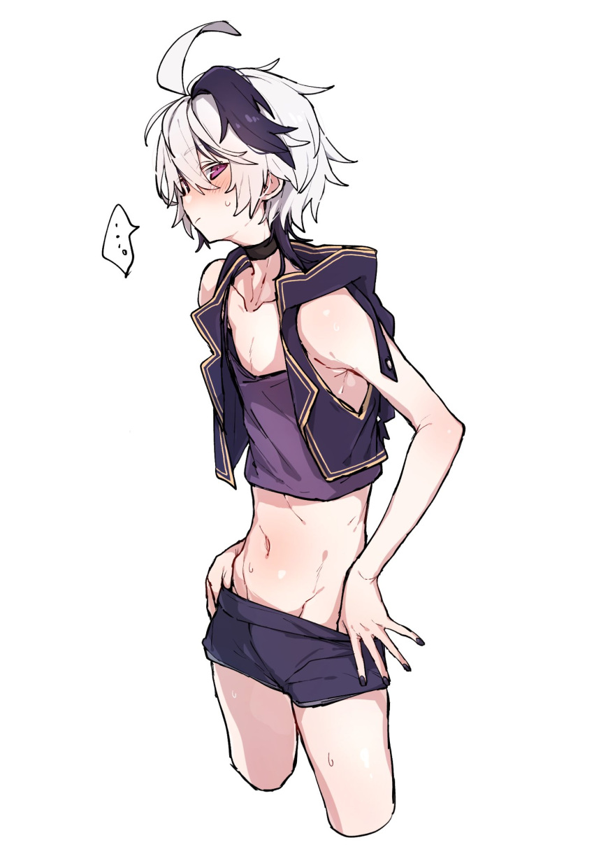 ... 1boy ahoge armpit_crease bare_pectorals bare_shoulders black_choker black_hair black_nails blush choker closed_mouth collarbone fingernails flower_(vocaloid) flower_(vocaloid4) genderswap genderswap_(ftm) grey_background hair_between_eyes higashi_shino highres hood hood_down huge_ahoge male_focus multicolored_hair navel pectorals purple_eyes shiny shiny_skin simple_background solo speech_bubble spoken_ellipsis streaked_hair sweat vocaloid white_hair