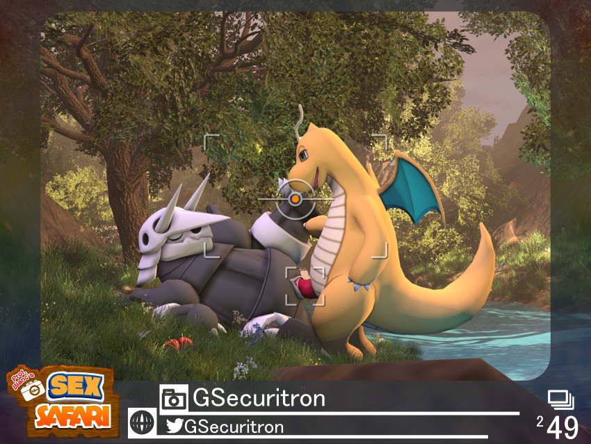 2022 absurd_res aggron dragon dragonite duo eyes_closed female feral forest from_front_position generation_1_pokemon generation_3_pokemon genitals glitched_securitron grass green_eyes half-closed_eyes hi_res interspecies leg_grab lying male male/female missionary_position narrowed_eyes nature new_pokemon_snap nintendo on_back outside outside_sex penetration penile penile_penetration penis photo picture_frame plant pokemon pokemon_(species) pussy river sex tree vaginal vaginal_penetration video_games water wings
