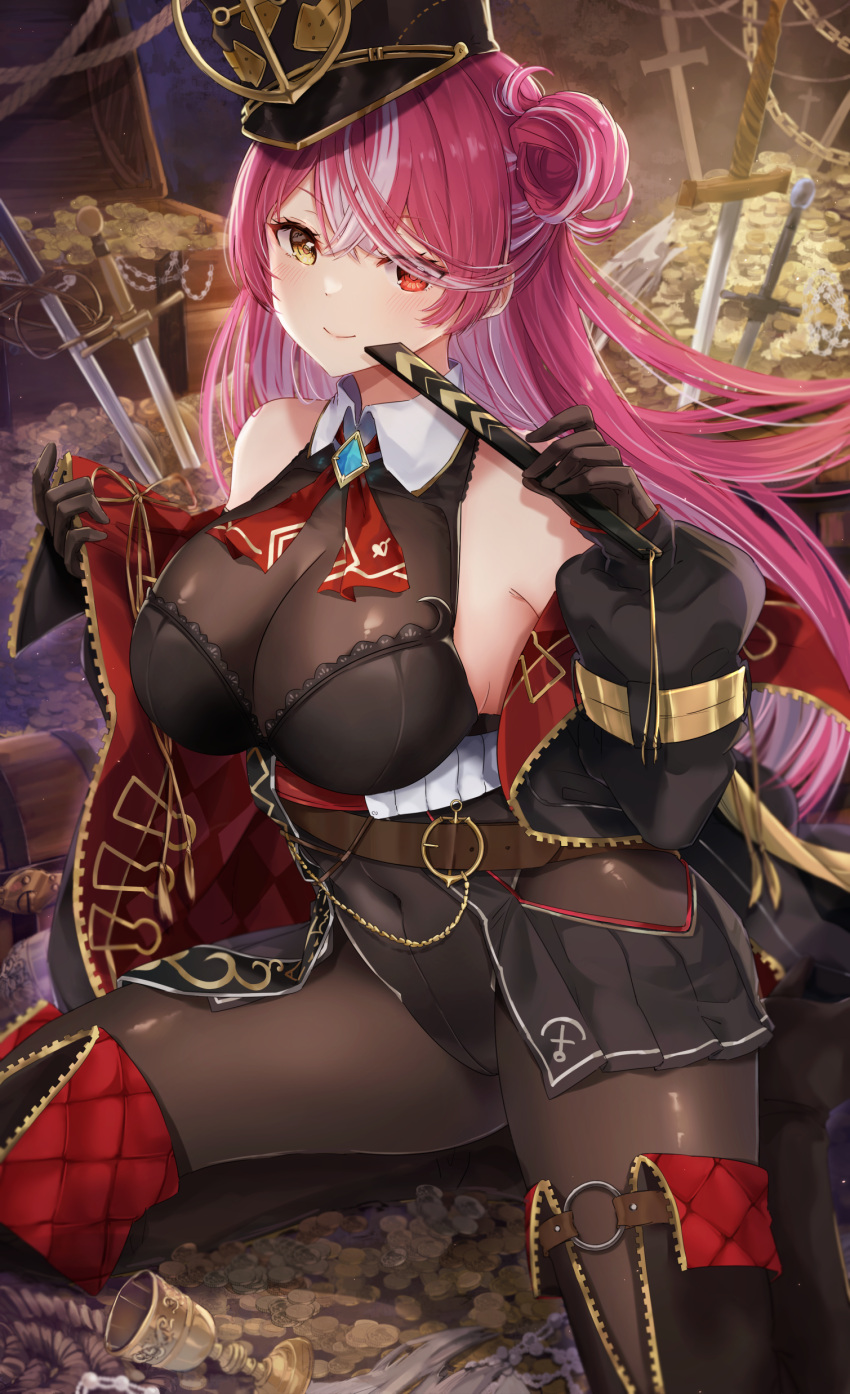 1girl absurdres belly_chain belt black_gloves black_leotard boots breasts chalice cleavage coin collar covered_navel folded_fan folding_fan fujiko_(fujik0) gem gloves gold gold_coin hair_bun hand_fan hat heterochromia highres hololive houshou_marine jacket jewelry large_breasts leotard multicolored_hair neckerchief necklace off_shoulder official_alternate_costume pantyhose pearl_necklace pirate red_eyes red_hair red_neckerchief rope shako_cap sideboob single_side_bun smile streaked_hair sword thigh_boots treasure_chest virtual_youtuber weapon yellow_eyes