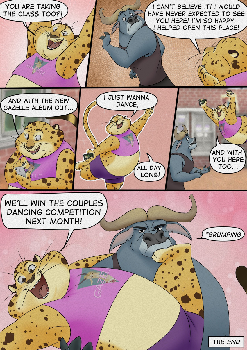 anthro benjamin_clawhauser bovid bovine cheetah chief_bogo clothing colored comic dancing dialogue disney duo english_text felid feline gazelle_(zootopia) hi_res horn jumping male male/male mammal text the_gory_saint true_buffalo water_buffalo whiskers zootopia