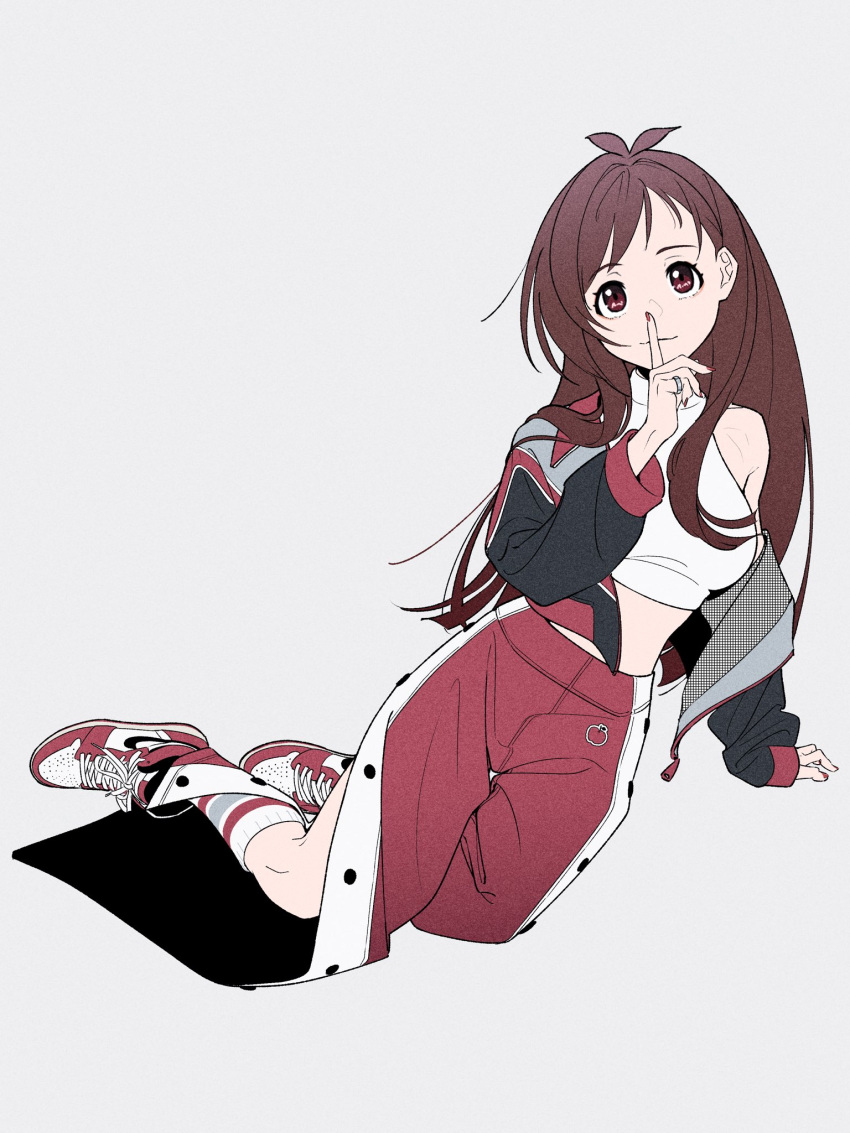 1girl acubi_tomaranai alternate_costume antenna_hair arm_support brown_eyes brown_hair closed_mouth crop_top finger_to_mouth full_body grey_background highres idolmaster idolmaster_cinderella_girls jacket kneehighs long_hair looking_at_viewer nike open_clothes open_jacket pants red_footwear red_pants shirt shoes shushing simple_background single_bare_shoulder sleeveless sleeveless_shirt smile sneakers socks solo tsujino_akari white_shirt