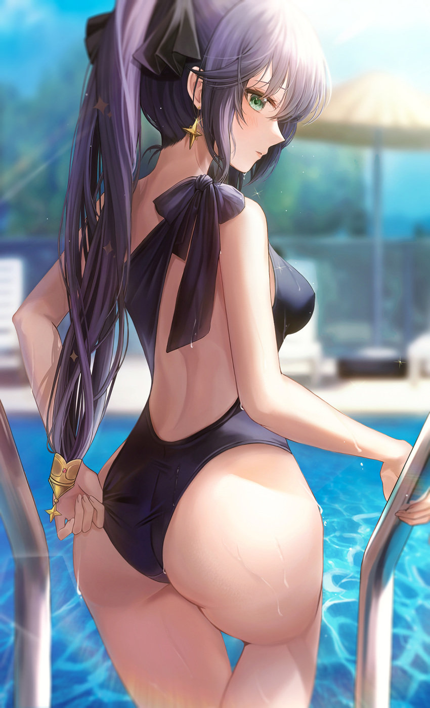 1girl adjusting_clothes alternate_costume ass backless_swimsuit bangs bare_arms black_hair black_one-piece_swimsuit black_ribbon blue_sky blurry blurry_background breasts caustics cowboy_shot day depth_of_field earrings from_behind genshin_impact green_eyes hair_ribbon highleg highleg_swimsuit highres holding jewelry kottungyang long_hair looking_at_viewer looking_back median_furrow medium_breasts mona_(genshin_impact) outdoors parted_lips ponytail pool pool_ladder profile ribbon sidelocks single_bare_shoulder sky solo sparkle sparkle_print star_(symbol) star_earrings sunlight swimsuit thighs water water_drop wet wet_clothes wet_hair wet_swimsuit