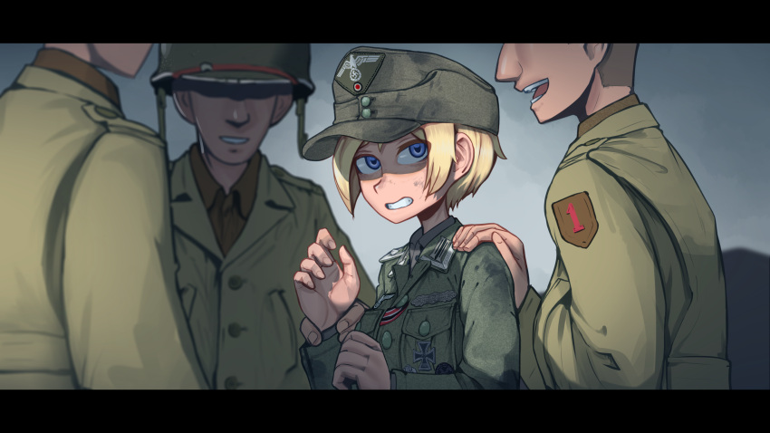 1girl 3boys :d blonde_hair blue_eyes breasts clenched_teeth dirty dirty_face erica_(naze1940) grin hat helmet highres military military_uniform multiple_boys original short_hair smile teeth uniform