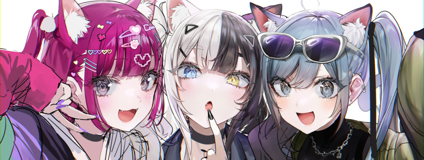 3girls :3 :d :o animal_ears bangs black_choker black_nails blue_eyes blue_hair blunt_bangs blush cat_ears choker close-up earrings eyewear_on_head fang fangs fingernails grey-framed_eyewear grey_eyes grey_hair heterochromia highres jewelry long_sleeves looking_at_viewer metako_(hoyashi_rebirth) multicolored_hair multiple_girls nail_polish nekometaru original purple-tinted_eyewear purple_hair purple_nails simple_background smile split-color_hair sunglasses tinted_eyewear twintails two-tone_hair white_background yellow_eyes