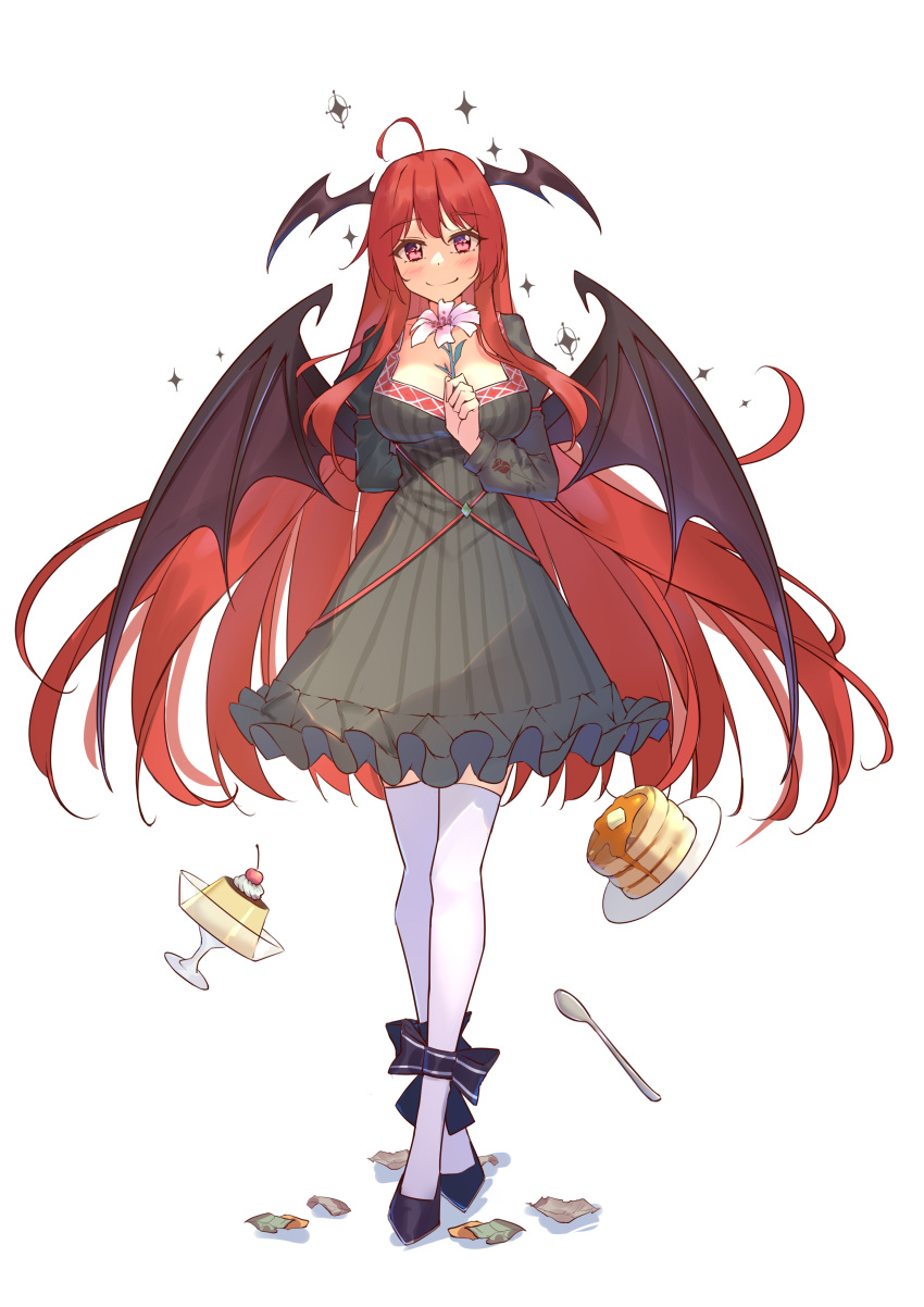 absurdres ahoge alternate_costume ankle_bow arm_behind_back bat_wings black_dress black_footwear blush bow bowl breasts butter cherry crossed_legs diving_penguin dot_nose dress flower food frilled_dress frills fruit full_body hair_between_eyes head_wings highres holding holding_flower juliet_sleeves koakuma large_breasts long_hair long_sleeves looking_at_viewer low_wings pancake pancake_stack plate pudding puffy_sleeves red_armband red_eyes red_hair sidelocks simple_background smile sparkle spoon standing syrup thighhighs touhou trash very_long_hair watson_cross white_background white_thighhighs wings zettai_ryouiki