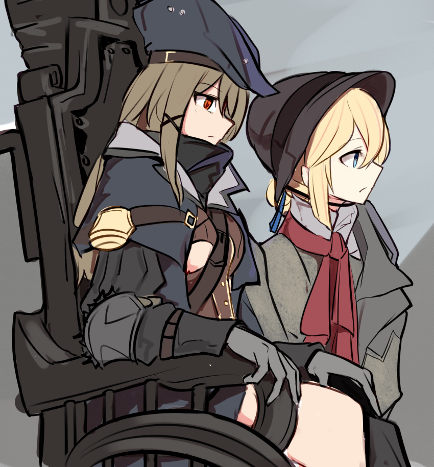 2girls azur_lane bloodborne character_request from_side gehrman_the_first_hunter gloves grey_background hat highres hunter_(meta)_(azur_lane) looking_ahead marshall_k multiple_girls name_conscious plain_doll scarf sitting wheelchair