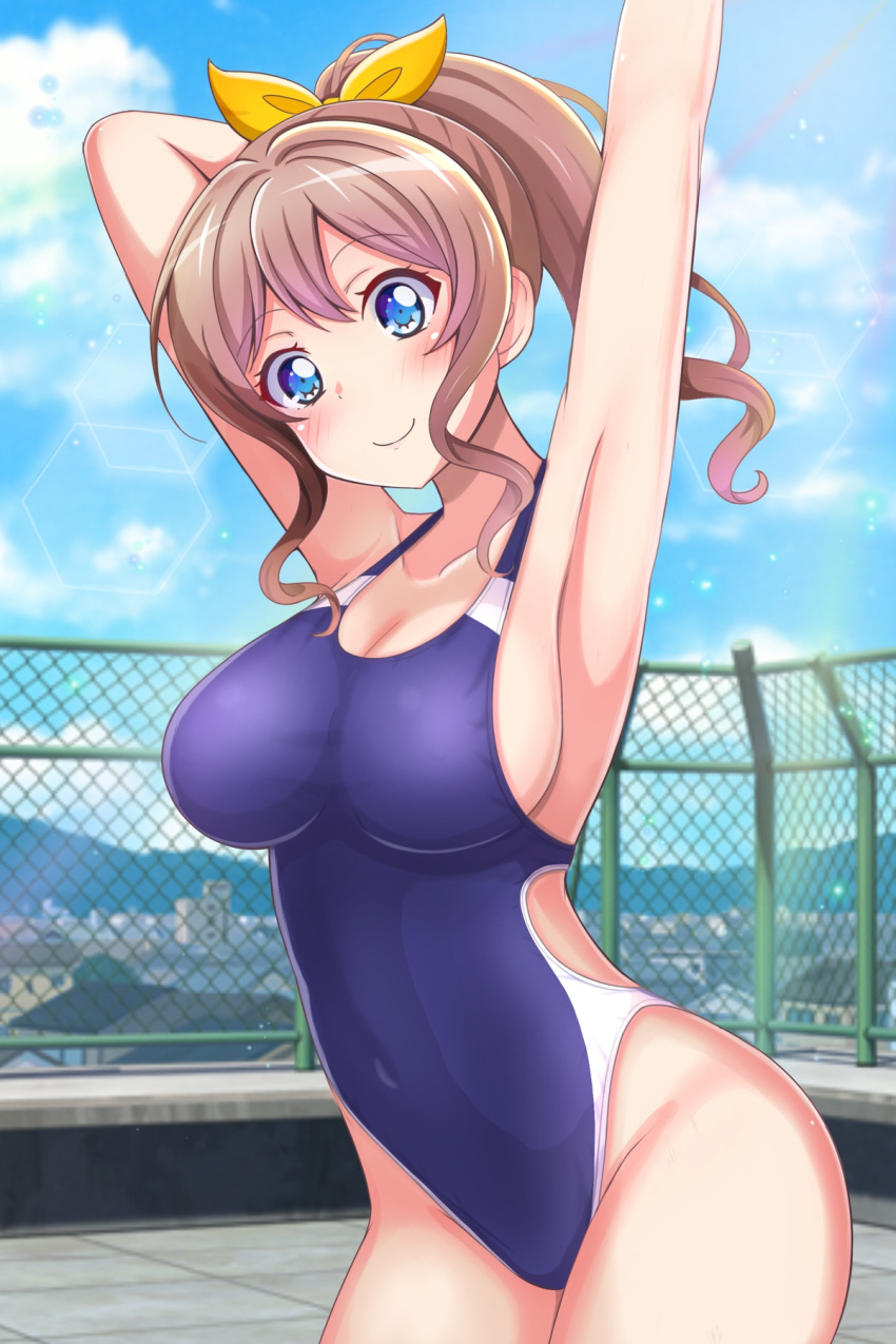 1girl arm_up armpits bang_dream! blue_eyes blue_one-piece_swimsuit blue_sky brown_hair chain-link_fence cloud commentary_request competition_swimsuit cowboy_shot day fence hair_ribbon highres landscape looking_at_viewer one-piece_swimsuit outdoors ponytail poposukii presenting_armpit ribbon sky smile solo standing swimsuit yamabuki_saaya