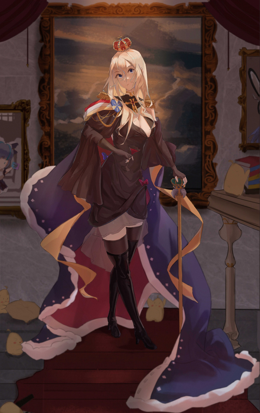 1300dudekafeibei 2girls absurdres azur_lane bismarck_(azur_lane) bismarck_(beacon_of_the_iron_blood)_(azur_lane) bismarck_(coat_of_arms) black_footwear blue_cape blue_eyes book boots breasts cape cheshire_(azur_lane) cleavage coat_of_arms dress epaulettes evening_gown full_body fur-trimmed_cape fur_trim high_heel_boots high_heels highres indoors iron_blood_(emblem) large_breasts long_hair manjuu_(azur_lane) mountain multiple_girls official_alternate_costume painting_(object) ribbon scepter shoulder_cape solo_focus standing table thigh_boots wooden_floor wooden_table yellow_ribbon