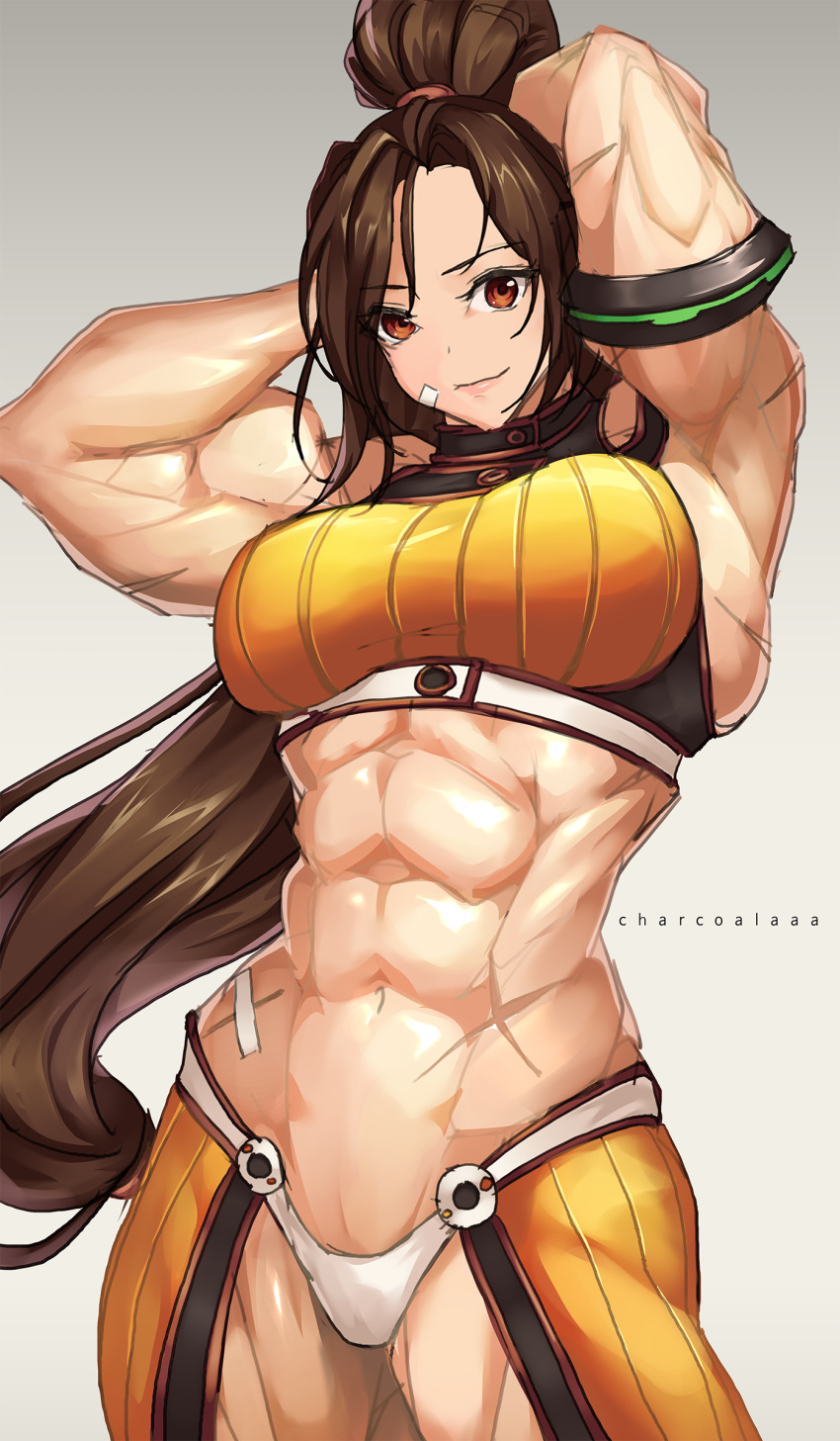 1girl abs absurdres armpits arms_up breasts brown_eyes brown_hair charcoalaaa crop_top dungeon_and_fighter fighter_(dungeon_and_fighter) highres large_breasts long_hair looking_at_viewer muscular muscular_female ponytail scar smile solo stomach strapless