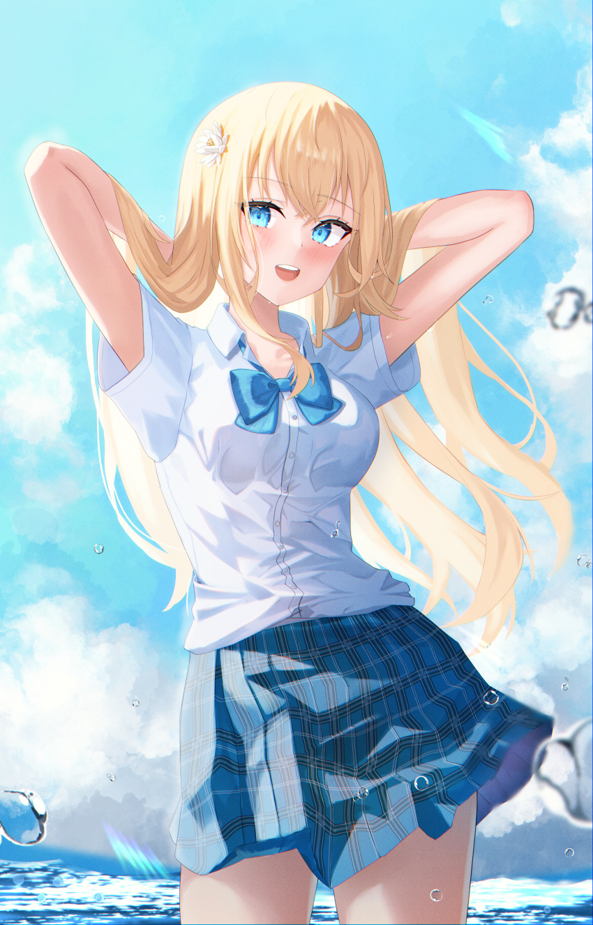 1girl absurdres aki_uzuki3 blonde_hair blue_eyes blue_sky breasts hair_ornament hand_in_own_hair highres ocean original ribbon school_uniform sky thighs uniform