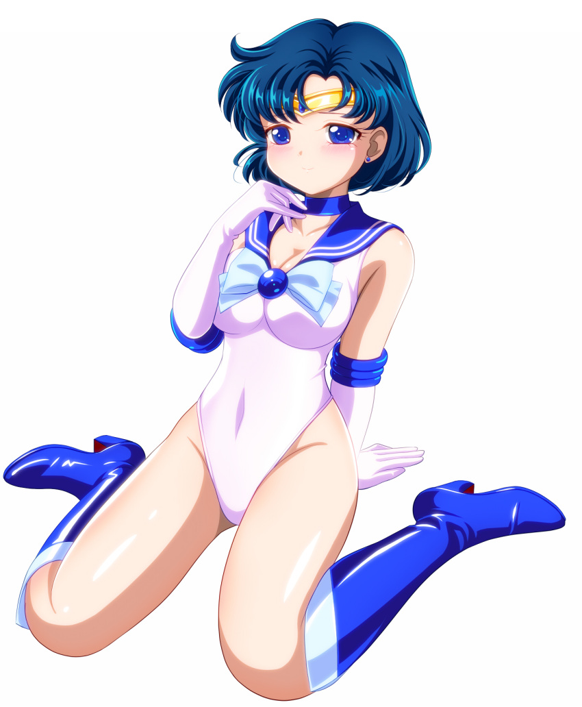 1girl bishoujo_senshi_sailor_moon blue_bow blue_choker blue_eyes blue_footwear blue_hair blue_sailor_collar bow breasts choker commentary_request covered_navel elbow_gloves gloves highleg highleg_leotard highres leotard magical_girl medium_breasts mizuno_ami pirochi sailor_collar sailor_mercury sailor_senshi_uniform short_hair simple_background sitting solo tiara wariza white_background white_gloves