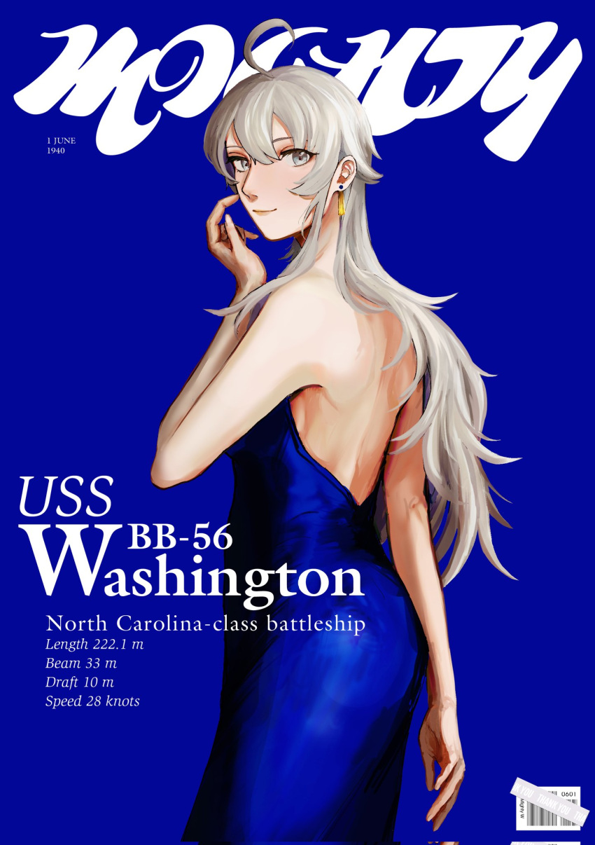 1girl ahoge alternate_costume back backless_dress backless_outfit bangs barcode bare_shoulders blue_background blue_dress breasts character_name closed_mouth cover dress earrings fake_magazine_cover grey_eyes grey_hair hair_between_eyes highres jewelry kantai_collection long_hair looking_at_viewer magazine_cover nidou simple_background solo strapless strapless_dress very_long_hair washington_(kancolle)