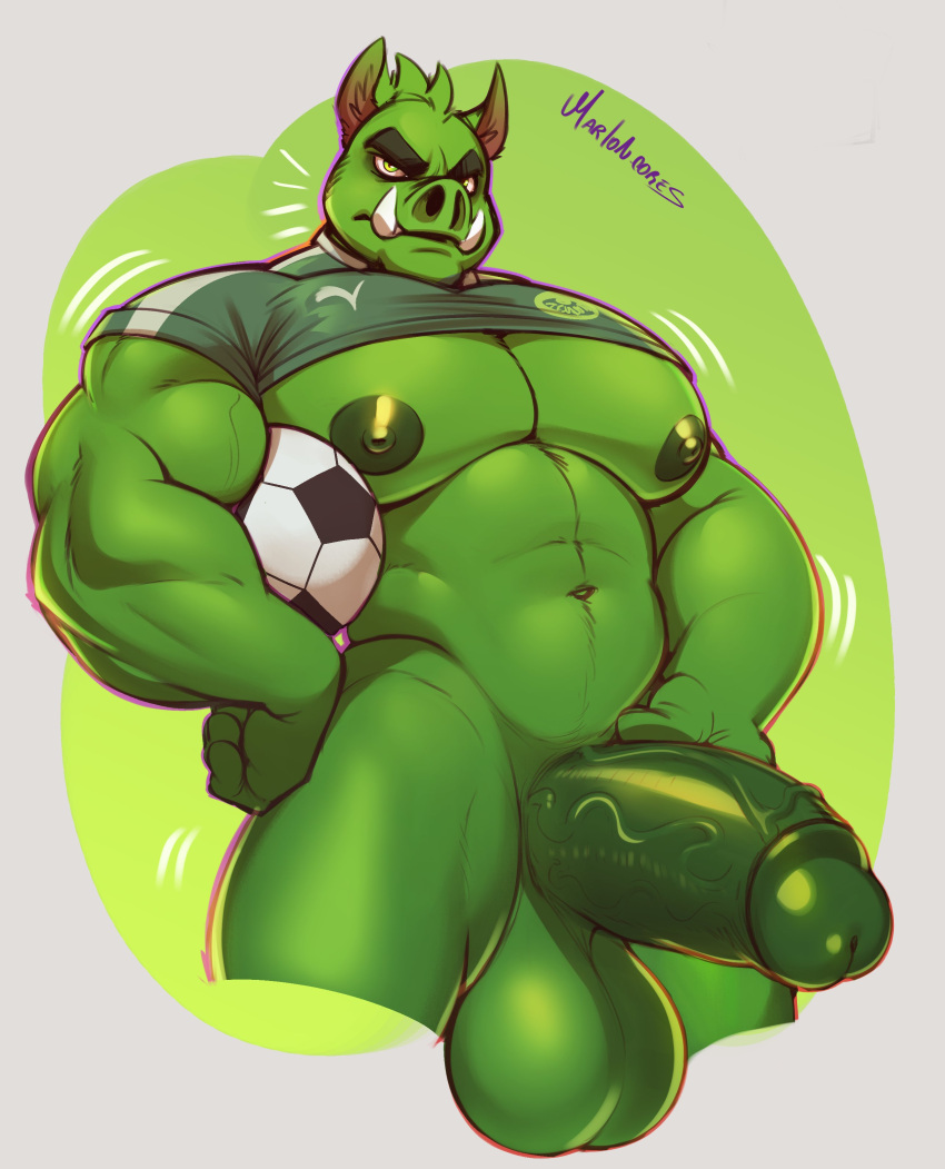 absurd_res ball balls football_(ball) football_uniform fur genitals green_body green_fur hi_res male mammal marlon.cores mascot muscular muscular_male nipples penis porco_gobbato simple_background solo suid suina sus_(pig) vein veiny_penis wild_boar