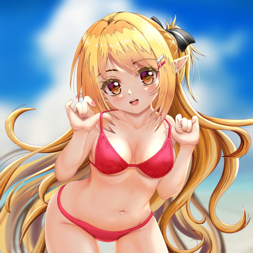 1girl bikini blonde_hair blue_sky breasts cloud commentary_request cowboy_shot highres leaning_forward long_hair medium_breasts mist_train_girls pointy_ears red_bikini red_eyes rio_(rioaquasama) sky smile solo swimsuit vivian_(mist_train_girls)