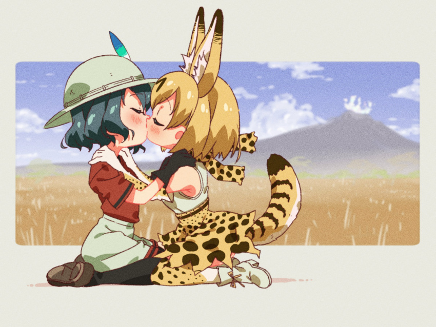 2girls animal_ears black_gloves black_hair black_pantyhose blonde_hair blush boots bow bowtie brown_footwear cat_ears cat_girl cat_tail closed_eyes commentary_request elbow_gloves gloves hands_on_another's_shoulders hat_feather helmet high-waist_skirt highres kaban_(kemono_friends) kemono_friends kiss kneeling loafers multiple_girls pantyhose pith_helmet polyushitako print_bow print_bowtie print_gloves print_skirt print_thighhighs red_shirt seiza serval_(kemono_friends) serval_print shirt shoes short_hair short_sleeves sitting skirt t-shirt tail white_footwear yuri zettai_ryouiki
