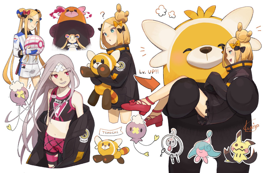 abigail_williams_(fate) band-aid band-aid_on_forehead bandage bewear blonde_hair blue_eyes chibi clothing cross_over drifloon fate_(series) female footwear forehead generation_4_pokemon generation_6_pokemon generation_7_pokemon generation_8_pokemon gigantamax_pokemon gloves hair handwear hanging_by_arms hatenna hi_res human jacket klefki kyojo128 long_hair mammal mimikyu nintendo pokeball pokemon pokemon_(species) question_mark red_eyes ribbons sharp_teeth shoes simple_background stufful teeth topwear video_games white_hair