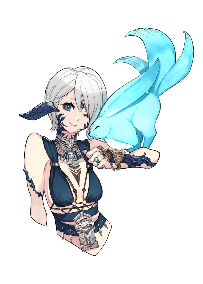1girl absurdres au_ra avatar_(ff14) bangs black_horns blue_eyes breasts carbuncle_(final_fantasy) cropped_torso dragon_horns final_fantasy final_fantasy_xiv hide_(hideout) highres horns jewelry looking_at_viewer medium_breasts one_eye_closed ring scales short_hair smile solo white_hair