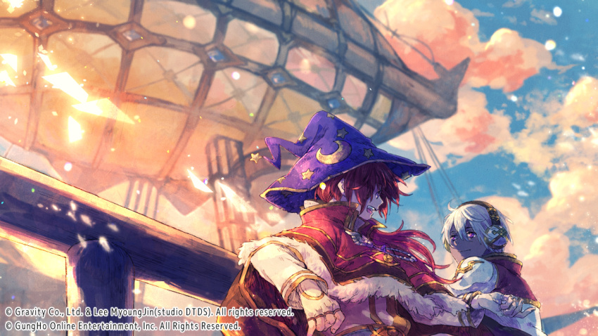 2boys aircraft airship bangs capelet closed_mouth coat commentary_request crescent_print fingerless_gloves fur-trimmed_capelet fur_trim gloves hair_between_eyes hat headphones high_collar high_priest_(ragnarok_online) high_wizard_(ragnarok_online) looking_at_another male_focus multiple_boys official_art official_wallpaper open_mouth pink_eyes print_headwear purple_headwear ragnarok_online ragnarok_origin red_capelet red_coat red_hair shirt short_hair smile star_(symbol) star_print tokio_(okt0w0) two-tone_coat upper_body white_coat white_gloves white_hair white_shirt witch_hat