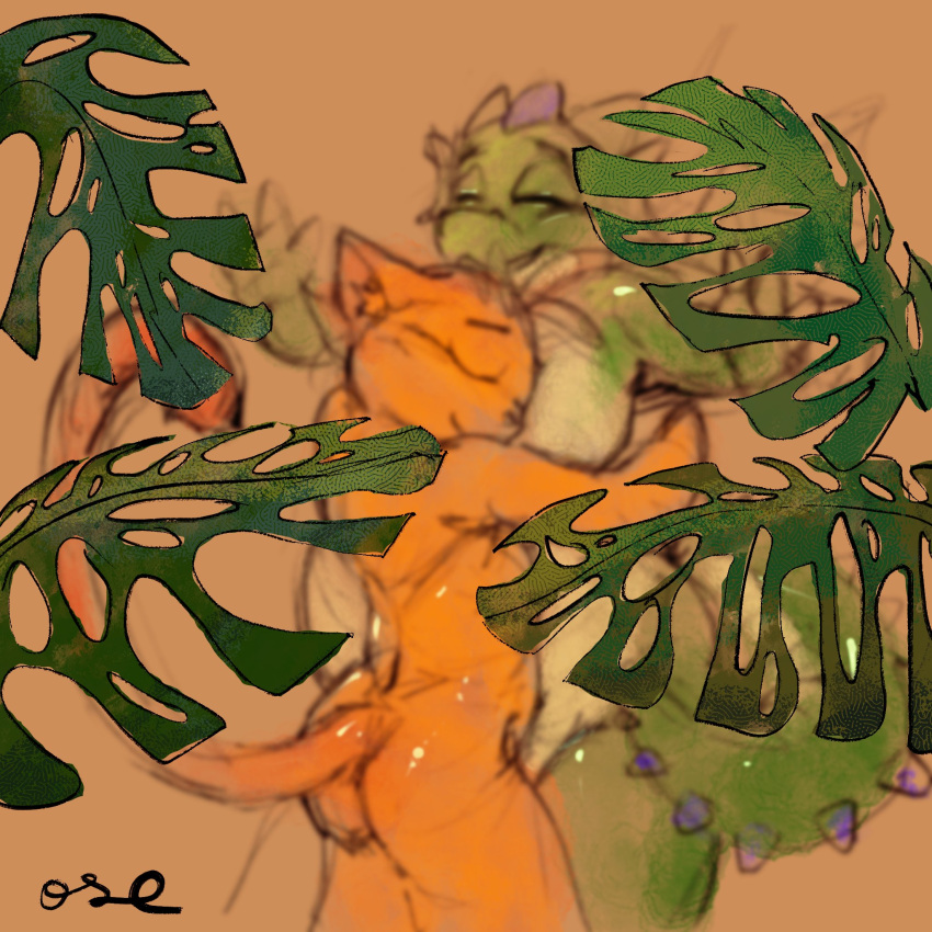 1:1 big_breasts blurred_character breasts brokenwing butt colored_sketch domestic_cat dragon duo embrace eyes_closed felid feline felis female glistening glistening_body green_body gynomorph_(lore) happy hi_res hug leaf male mammal nude orange_body orange_ears orange_inner_ear oselotti oselotti_(character) sketch smile spiked_tail spikes spikes_(anatomy) yellow_body