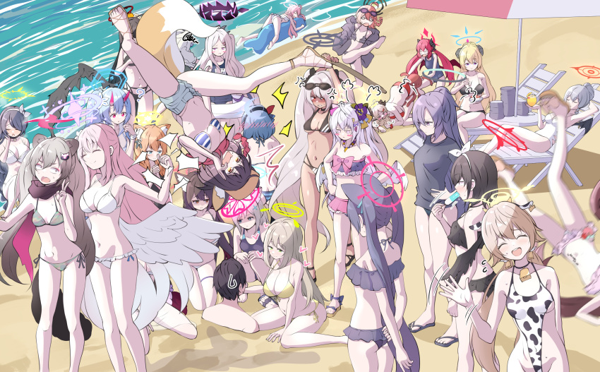 &gt;_&lt; 1boy 6+girls =3 ? absurdly_long_hair ahoge akari_(blue_archive) ako_(blue_archive) alternate_costume alternate_hairstyle anger_vein animal_ear_fluff animal_ears animal_print armpits arms_behind_back arms_up ayane_(blue_archive) ayane_(swimsuit)_(blue_archive) azusa_(blue_archive) azusa_(swimsuit)_(blue_archive) bangs bare_shoulders beach bead_necklace beads bell belt bikini black_bikini black_hair black_hairband black_one-piece_swimsuit black_shirt black_wings blue_archive blue_eyes blue_hair blush blush_stickers breasts buried cat_ears chise_(blue_archive) chise_(swimsuit)_(blue_archive) cleavage closed_eyes closed_mouth collarbone commentary_request competition_swimsuit cow_ears cow_print cup dark_skin demon_horns demon_wings denim denim_shorts drinking_glass eyewear_on_head falling flip-flops flower flying_sweatdrops food fox_ears fox_girl fox_tail frilled_bikini frills from_above from_behind full_body green_bikini green_eyes grey_background grey_hair hair_between_eyes hair_flower hair_ornament hairband hairclip halo haruna_(blue_archive) heart hifumi_(blue_archive) highres hina_(blue_archive) hina_(swimsuit)_(blue_archive) hinata_(blue_archive) holding holding_cup holding_plate holding_sword holding_weapon horns hoshino_(blue_archive) hoshino_(swimsuit)_(blue_archive) huge_breasts index_fingers_together iori_(blue_archive) iori_(swimsuit)_(blue_archive) izumi_(blue_archive) izumi_(swimsuit)_(blue_archive) izuna_(blue_archive) izuna_(swimsuit)_(blue_archive) jewelry junko_(blue_archive) kneeling large_breasts long_hair looking_at_another low_wings lying mari_(blue_archive) mari_(swimsuit)_(blue_archive) mashiro_(blue_archive) mashiro_(swimsuit)_(blue_archive) michiru_(blue_archive) mika_(blue_archive) mimori_(blue_archive) mismatched_pupils motion_lines multiple_girls navel neck_bell necklace neru_(blue_archive) nonomi_(blue_archive) nonomi_(swimsuit)_(blue_archive) ocean octopus off-shoulder_bikini off_shoulder on_back on_stomach one-piece_swimsuit orange_hair own_hands_clasped own_hands_together parasol pink_bikini pink_hair plate ponytail popsicle popsicle_in_mouth purple_eyes purple_hair red_bikini red_eyes sandals school_swimsuit sensei_(blue_archive) serika_(blue_archive) serika_(swimsuit)_(blue_archive) shaded_face shiroko_(blue_archive) shiroko_(swimsuit)_(blue_archive) shirt shizuko_(blue_archive) shizuko_(swimsuit)_(blue_archive) short_sleeves shorts side-tie_bikini_bottom sidelocks sitting smile spaghetti_strap squatting squiggle standing stomach striped striped_bikini sunglasses sweatdrop swimsuit sword tail thighlet tonomiya68 top-down_bottom-up trapped tsurugi_(blue_archive) tsurugi_(swimsuit)_(blue_archive) twintails two_side_up umbrella v very_long_hair wakamo_(blue_archive) wakamo_(swimsuit)_(blue_archive) walking wariza water waving weapon white_bikini wings wooden_sword yellow_bikini yellow_eyes yuuka_(blue_archive)