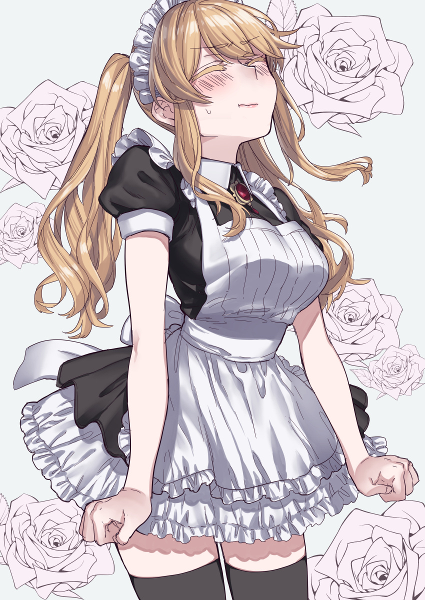 1girl absurdres alternate_hairstyle apron bangs black_thighhighs blonde_hair blush breasts brooch clarice_(idolmaster) clenched_hand closed_eyes closed_mouth collared_shirt commentary_request dress embarrassed flower highres idolmaster idolmaster_cinderella_girls jewelry lips long_hair maid maid_headdress namiko817 puffy_short_sleeves puffy_sleeves rose shirt short_sleeves sidelocks simon_(ttgl) solo sweat thighhighs twintails white_apron white_background white_flower white_rose zettai_ryouiki
