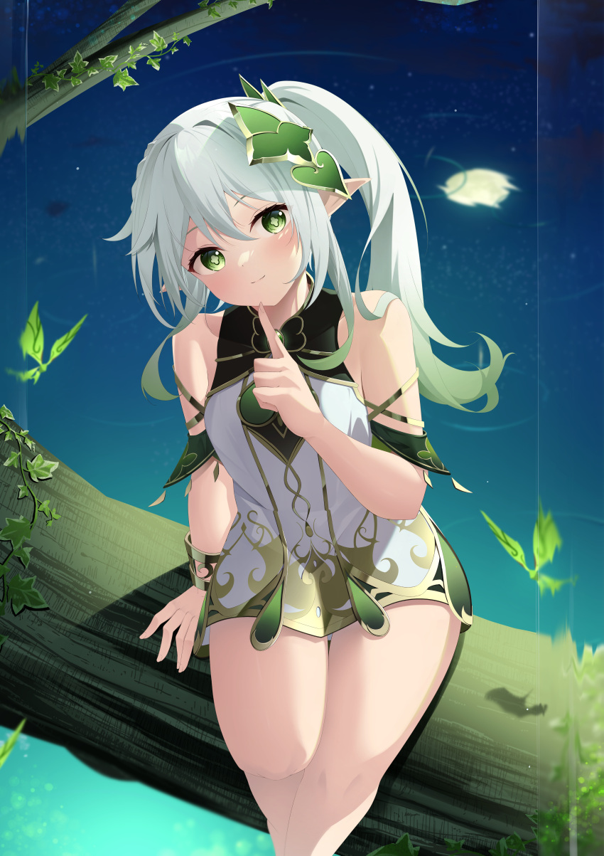 1girl absurdres arm_support bangs bare_shoulders bracelet breasts bug butterfly closed_mouth colored_tips commentary_request cross-shaped_pupils crystalfly_(genshin_impact) dress ekidona feet_out_of_frame finger_to_mouth gem genshin_impact green_eyes green_gemstone green_hair hair_ornament hand_up highres in_tree index_finger_raised jewelry leaf legs_together looking_at_viewer moon multicolored_hair nahida_(genshin_impact) night pointy_ears ponytail reflection reflective_water ripples short_dress shushing side_ponytail sidelocks sitting sitting_in_tree sleeveless sleeveless_dress small_breasts smile solo thighs tree water white_dress white_hair