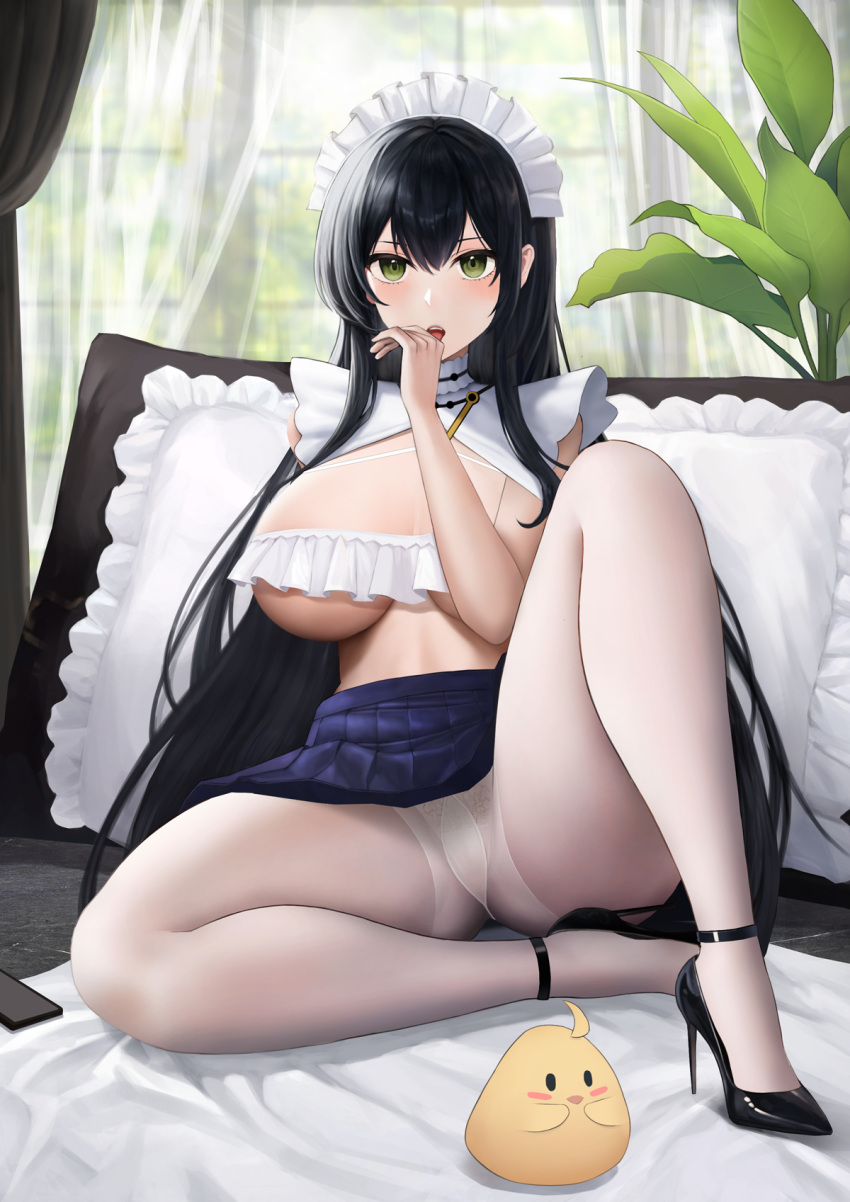 1girl :d azur_lane bangs black_footwear black_hair blue_skirt blush breasts creature curtains day enico frilled_pillow frills green_eyes gusset hand_on_another's_head high_heels highres indomitable_(azur_lane) indomitable_(ms._motivationless_maid)_(azur_lane) indoors knee_up large_breasts long_hair looking_at_viewer maid_headdress manjuu_(azur_lane) miniskirt official_alternate_costume on_bed open_mouth pantyhose pillow plant pleated_skirt sitting skirt sleeveless smile solo underboob upskirt very_long_hair white_pantyhose window