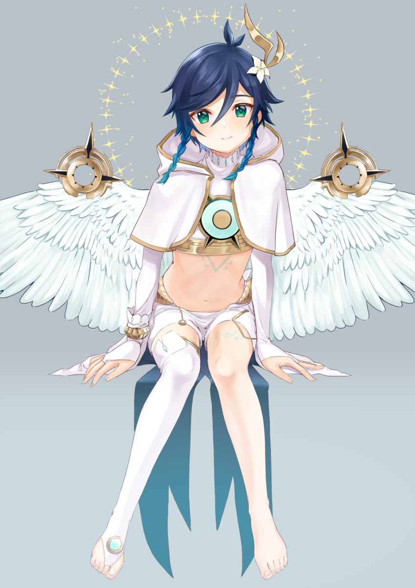 1boy androgynous bangs barefoot black_hair blue_hair braid bridal_gauntlets capelet chest_tattoo commentary crop_top elbow_gloves feathered_wings flower fukaya_miku genshin_impact gloves gold_trim gradient_hair green_eyes hair_flower hair_ornament highres hood hooded_capelet leg_tattoo looking_at_viewer male_focus multicolored_hair official_alternate_costume shirt short_hair_with_long_locks shorts side_braids single_thighhigh sitting smile solo tattoo thighhighs toeless_legwear twin_braids venti_(genshin_impact) white_flower white_gloves white_shirt white_shorts white_wings wings