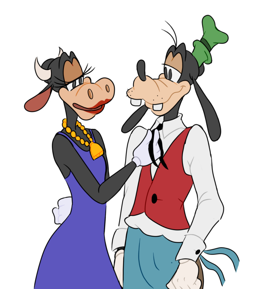 anthro apron bell bell_necklace black_body black_buttons black_eyes black_fur black_necktie black_nose black_pupils blue_apron blue_clothing blue_dress bottomwear bovid bovine buckteeth button_(fastener) canid canine canis cattle clarabelle_cow clothed clothing cowbell disney domestic_dog dress dress_shirt duo eye_contact eyelashes female fist flirting freckles fully_clothed fur gloves goofy_(disney) green_clothing green_hat green_headwear grey_bottomwear grey_clothing grey_pants hair_strands half-closed_eyes hand_behind_back handwear happy hat headgear headwear hi_res holding_object horn interspecies jewelry lipstick looking_at_another looking_at_partner love makeup male male/female mammal narrowed_eyes necklace necktie on_model pants pink_ears pupils red_clothing red_lipstick red_topwear red_vest romantic romantic_couple sexual_tension shirt simple_background skelemi smile snout standing teeth teeth_showing teeth_visible topwear tying vest white_background white_clothing white_gloves white_handwear white_horn white_shirt white_topwear yellow_jewelry yellow_necklace