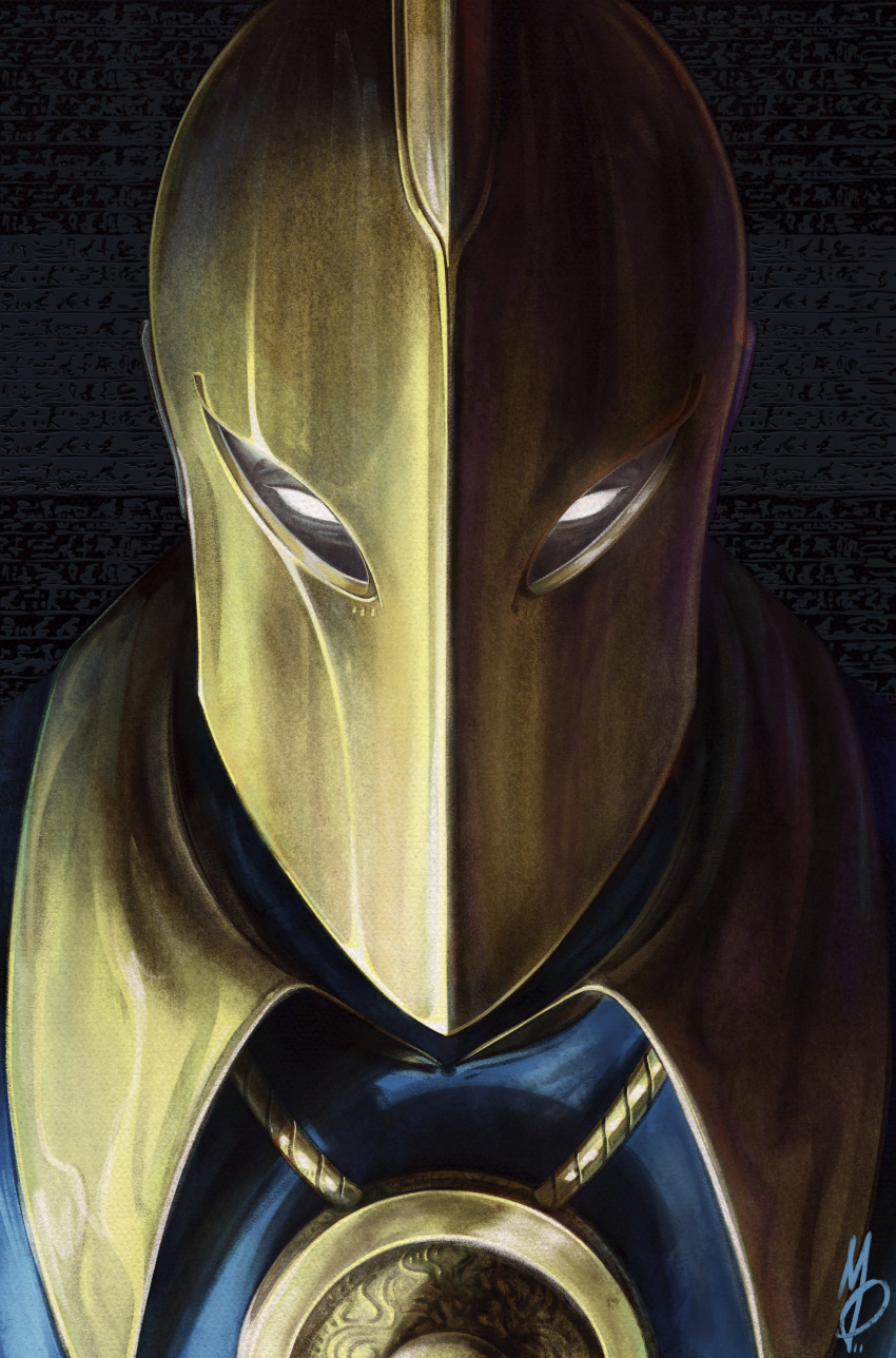 1boy absurdres blank_eyes dc_comics doctor_fate helm helmet highres jewelry looking_at_viewer male_focus max58art necklace no_pupils portrait signature solo