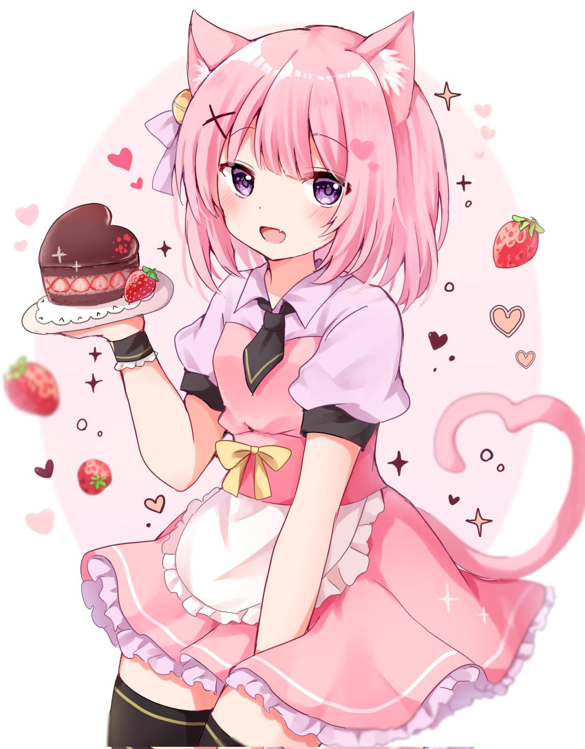 1girl :d animal_ear_fluff animal_ears between_legs black_thighhighs cake cat_ears cat_girl cat_tail chocolate_cake commission dress fang food frilled_dress frills fruit hand_between_legs heart-shaped_cake highres holding holding_plate kokoshira_0510 looking_at_viewer original pink_hair plate puffy_short_sleeves puffy_sleeves purple_eyes short_hair short_sleeves skeb_commission skin_fang smile strawberry strawberry_shortcake tail thighhighs