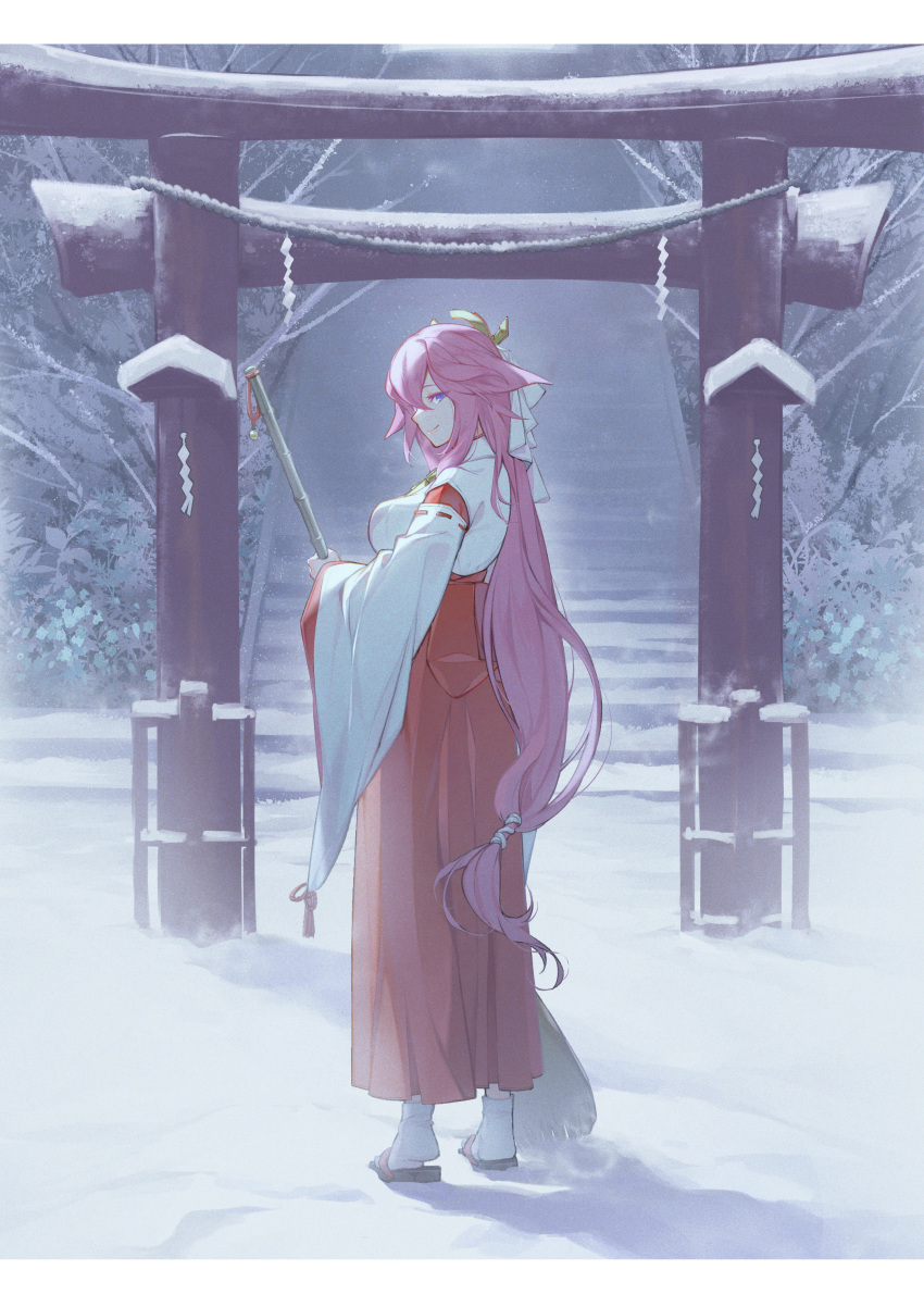 1girl absurdres animal_ears broom fox_ears fox_girl from_behind full_body genshin_impact geta hair_ornament highres holding holding_broom japanese_clothes long_hair looking_at_viewer looking_back low-tied_long_hair miko outdoors pink_hair plant purple_eyes red_skirt shirt skirt snow socks solo standing torii very_long_hair white_shirt white_socks wide_sleeves winter wolfour yae_miko
