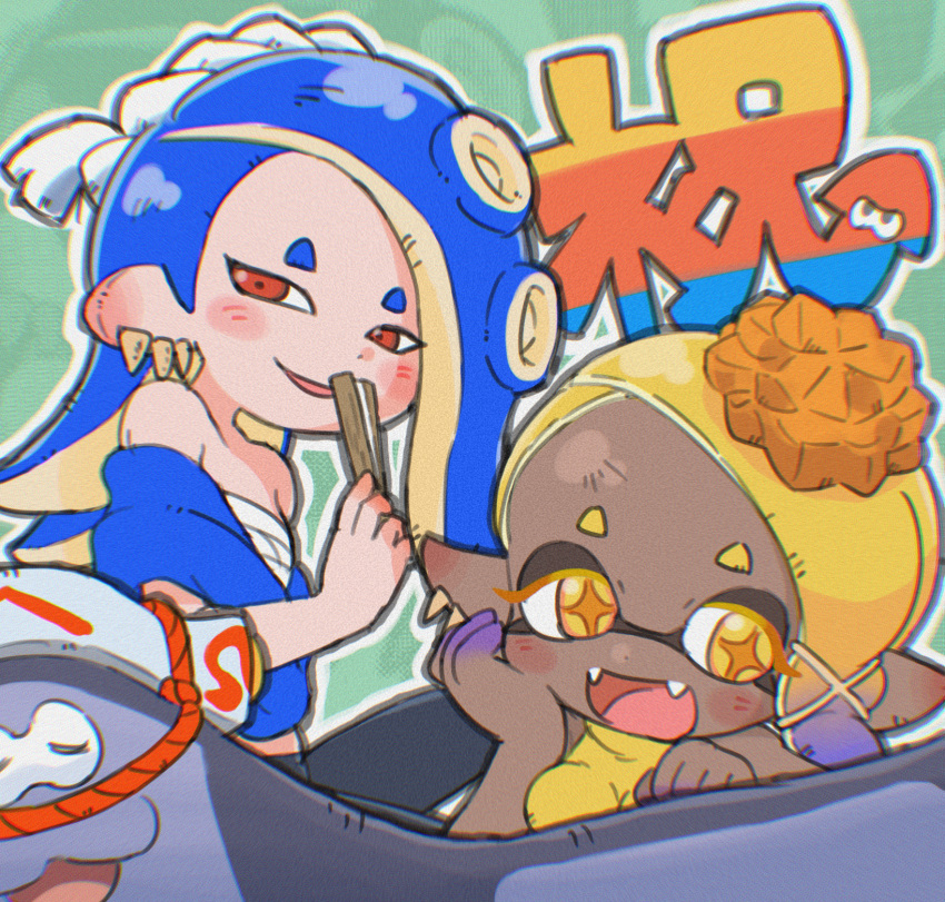 1boy 2girls :d aqua_background bare_shoulders big_man_(splatoon) blonde_hair blue_hair breasts chest_sarashi chromatic_aberration colored_eyelashes colored_skin cross-shaped_pupils earrings fan_to_mouth fangs flat_chest folded_fan folding_fan food food_on_head frye_(splatoon) gradient_hair gradient_skin hachimaki hand_fan hand_on_own_face hand_up headband highres hokkamuri holding holding_fan ikaheigen jewelry long_hair manta_ray medium_breasts multicolored_hair multicolored_skin multiple_earrings multiple_girls nejiri_hachimaki object_on_head octarian open_mouth outline pointy_ears purple_hair purple_skin red_eyes sarashi shiver_(splatoon) sleeveless smile splatoon_(series) splatoon_3 suction_cups tempura tentacle_hair two-tone_hair white_outline yellow_eyes