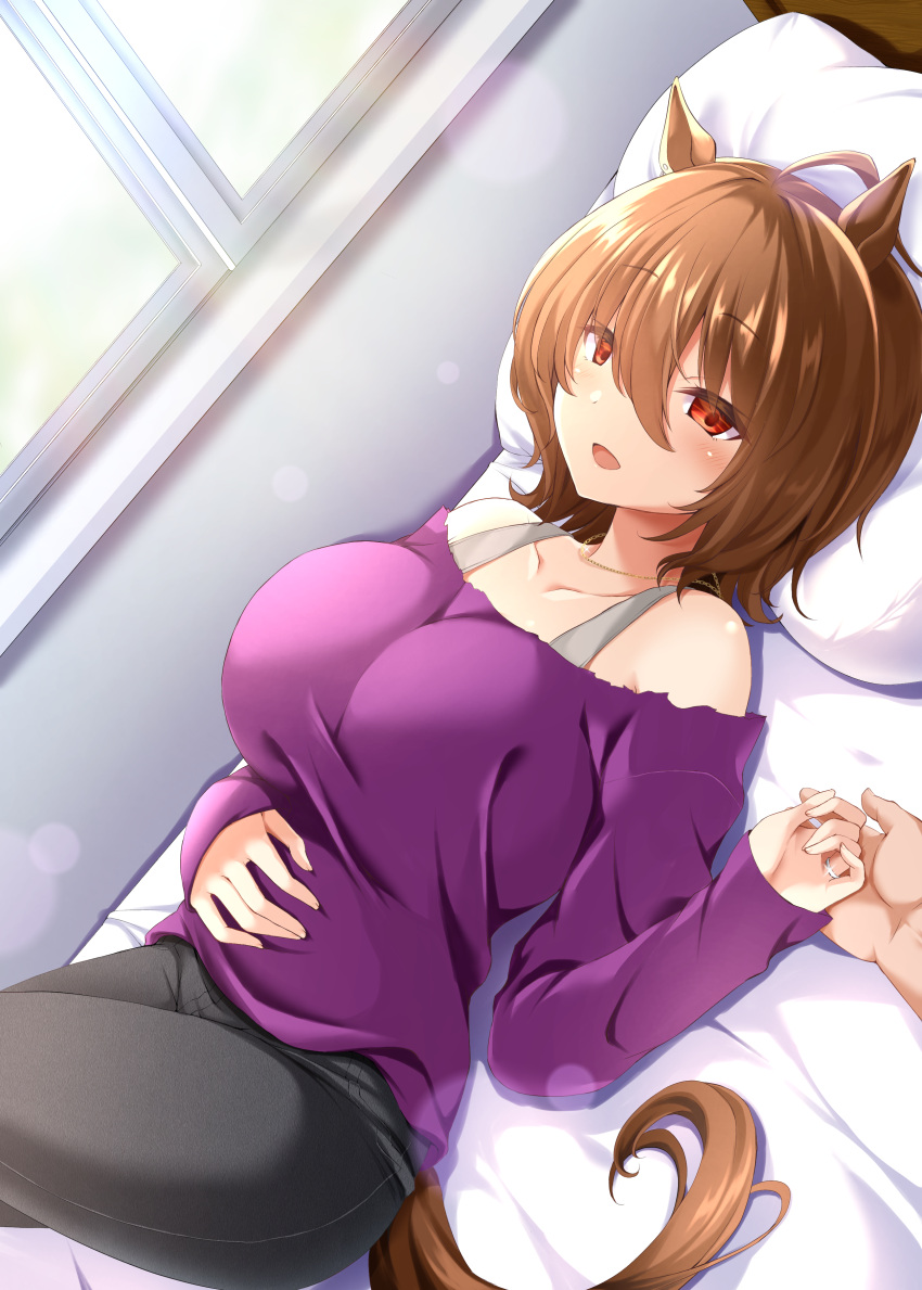 1girl :d absurdres agnes_tachyon_(umamusume) ahoge animal_ears bare_shoulders bed black_panties breasts brown_hair hand_on_another's_hand hand_on_own_stomach highres horse_ears horse_girl horse_tail jewelry large_breasts looking_at_viewer lying on_back on_bed panties pillow pov pov_hands puprle_shirt red_eyes ring ryochapu short_hair smile solo_focus tail umamusume underwear wedding_ring window
