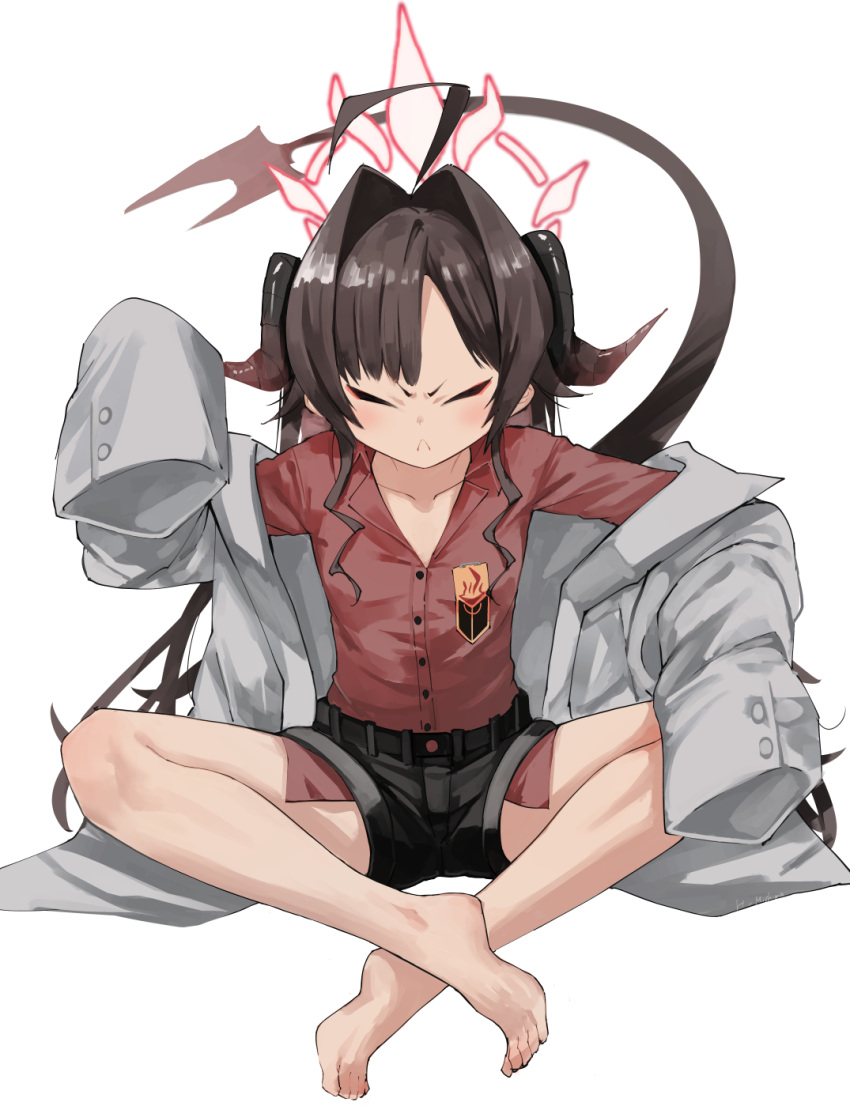 1girl ahoge barefoot black_shorts blue_archive brown_hair closed_eyes closed_mouth coat collarbone feet full_body halo highres horns indian_style kasumi_(blue_archive) long_hair mishima_hiroji red_shirt revision shirt shorts simple_background sitting sleeves_past_fingers sleeves_past_wrists solo tail toes white_background white_coat