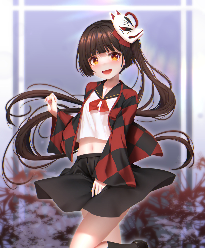 1girl absurdres argyle bangs black_footwear black_sailor_collar black_skirt black_socks brown_hair commentary_request crop_top feet_out_of_frame flower fox_mask han_(hehuihuihui) highres long_hair long_sleeves looking_at_viewer mask mask_on_head midriff navel open_clothes open_mouth original red_flower sailor_collar shirt shoes side_ponytail skirt sleeves_past_wrists socks solo spider_lily very_long_hair white_shirt wide_sleeves yellow_eyes