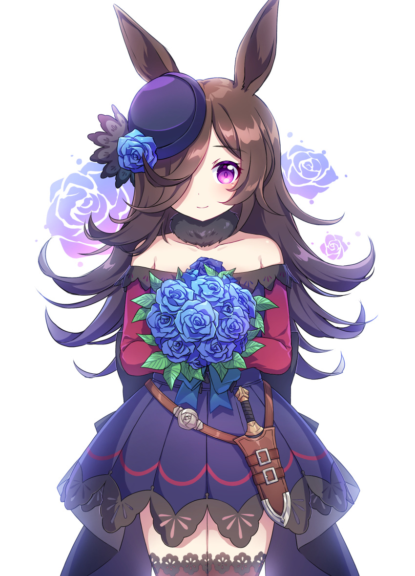 1girl absurdres animal_ears bangs bare_shoulders blue_dress blue_flower blue_headwear blue_rose bouquet brown_hair brown_thighhighs closed_mouth commentary_request dagger dress floral_background flower hair_over_one_eye hat hat_flower highres holding holding_bouquet horse_ears kaoling knife long_hair looking_at_viewer off-shoulder_dress off_shoulder pleated_dress purple_eyes rice_shower_(umamusume) rose sheath sheathed simple_background smile solo thighhighs tilted_headwear umamusume very_long_hair weapon white_background