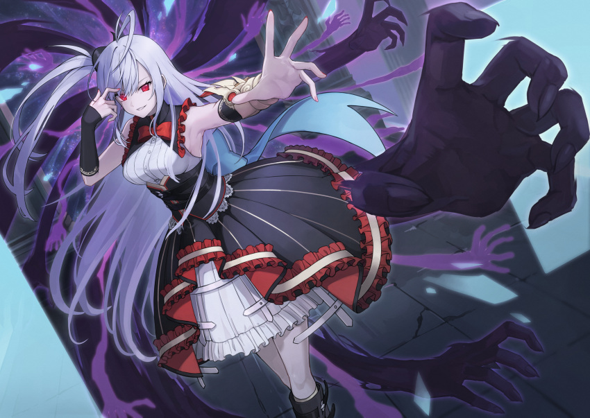 1girl absurdres bangs black_footwear black_skirt boots bow bowtie breasts character_request commentary_request duel_masters duel_masters_play's extra_arms frilled_skirt frills ginopi grey_hair hair_between_eyes highres knee_boots long_hair looking_at_viewer medium_breasts one_side_up parted_lips red_bow red_bowtie red_eyes shirt skirt sleeveless sleeveless_shirt smile solo very_long_hair white_shirt