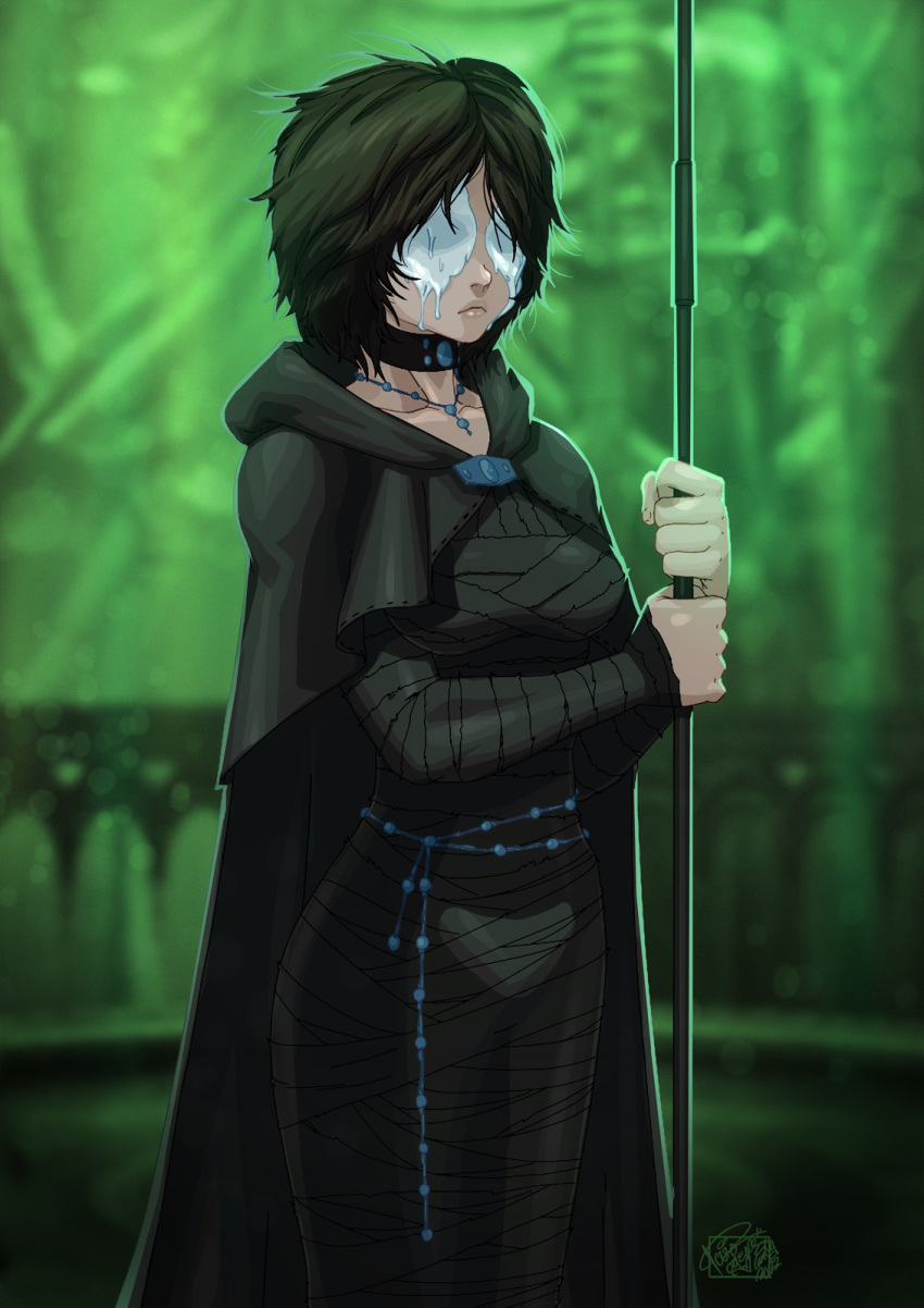 1girl artist_name bandages black_hair blurry blurry_background cape choker covered_eyes demon's_souls green_background highres holding holding_staff hood hood_down hooded_cape jewelry maiden_in_black necklace paint short_hair solo staff standing tovio_rogers