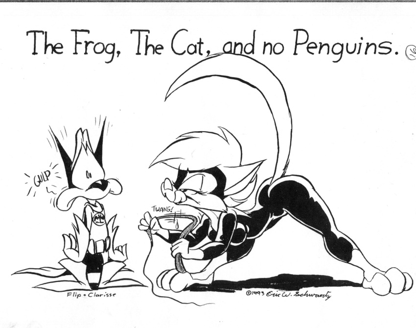 1993 3_toes 4_fingers amphibian anthro barefoot batman batman_(series) bedroom_eyes black_and_white bodysuit boots breasts catwoman character_name clarisse_(sabrina_online) clothed clothing cosplay dc_comics domestic_cat duo english_text eric_schwartz feet felid feline felis female fingers flip_the_frog footwear frog fully_clothed fur gloves half-closed_eyes handwear hi_res male mammal mask monochrome narrowed_eyes onomatopoeia paws raised_tail seductive signature skinsuit sound_effects text tight_clothing toes traditional_media_(artwork) whip