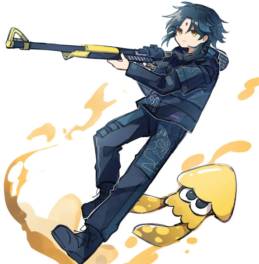 1boy animal black_footwear black_hair boots closed_mouth crossover facial_mark forehead_mark full_body genshin_impact gun highres holding holding_gun holding_weapon inkling jacket long_sleeves male_focus multicolored_hair pants same_chan simple_background splatoon_(series) squid weapon white_background xiao_(genshin_impact) yellow_eyes