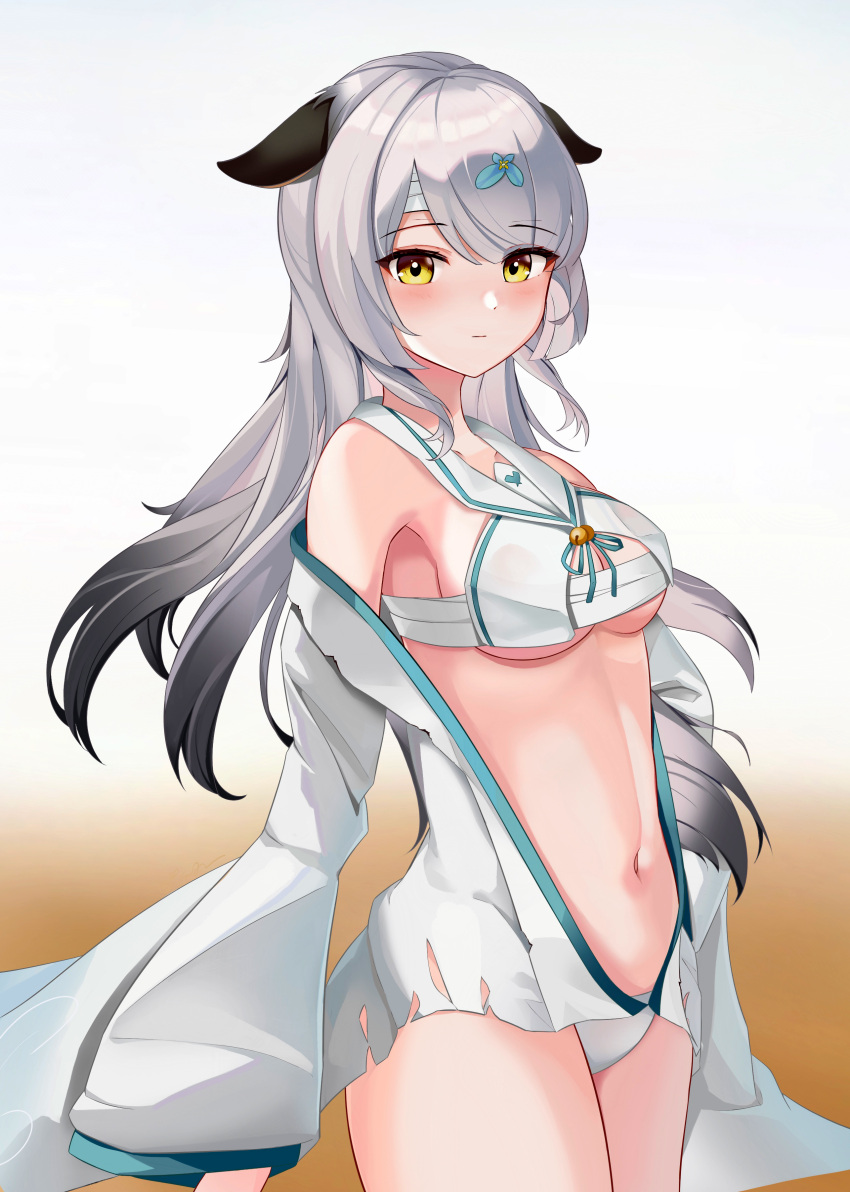 1girl absurdres animal_ears azur_lane bandaged_head bandages bangs bare_shoulders bell black_hair breasts brown_background chest_sarashi cleavage closed_mouth coat collarbone commentary cowboy_shot gradient gradient_background gradient_hair grey_hair highres japanese_clothes jingle_bell long_hair long_sleeves looking_at_viewer miyuki_(azur_lane) multicolored_hair navel neck_ribbon off_shoulder panties ribbon sailor_collar sarashi sidelocks simple_background solo standing stomach two-tone_hair underboob underwear white_background white_coat white_panties white_sailor_collar wide_sleeves wutong_mingye yellow_eyes