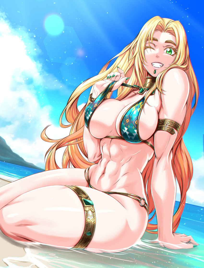 1girl abs absurdres armlet beach bikini bikini_pull blonde_hair breasts clothes_pull fate/grand_order fate_(series) gem green_eyes highres large_breasts long_hair navel ocean one_eye_closed quetzalcoatl_(fate) swimsuit thigh_strap toned zantyarz