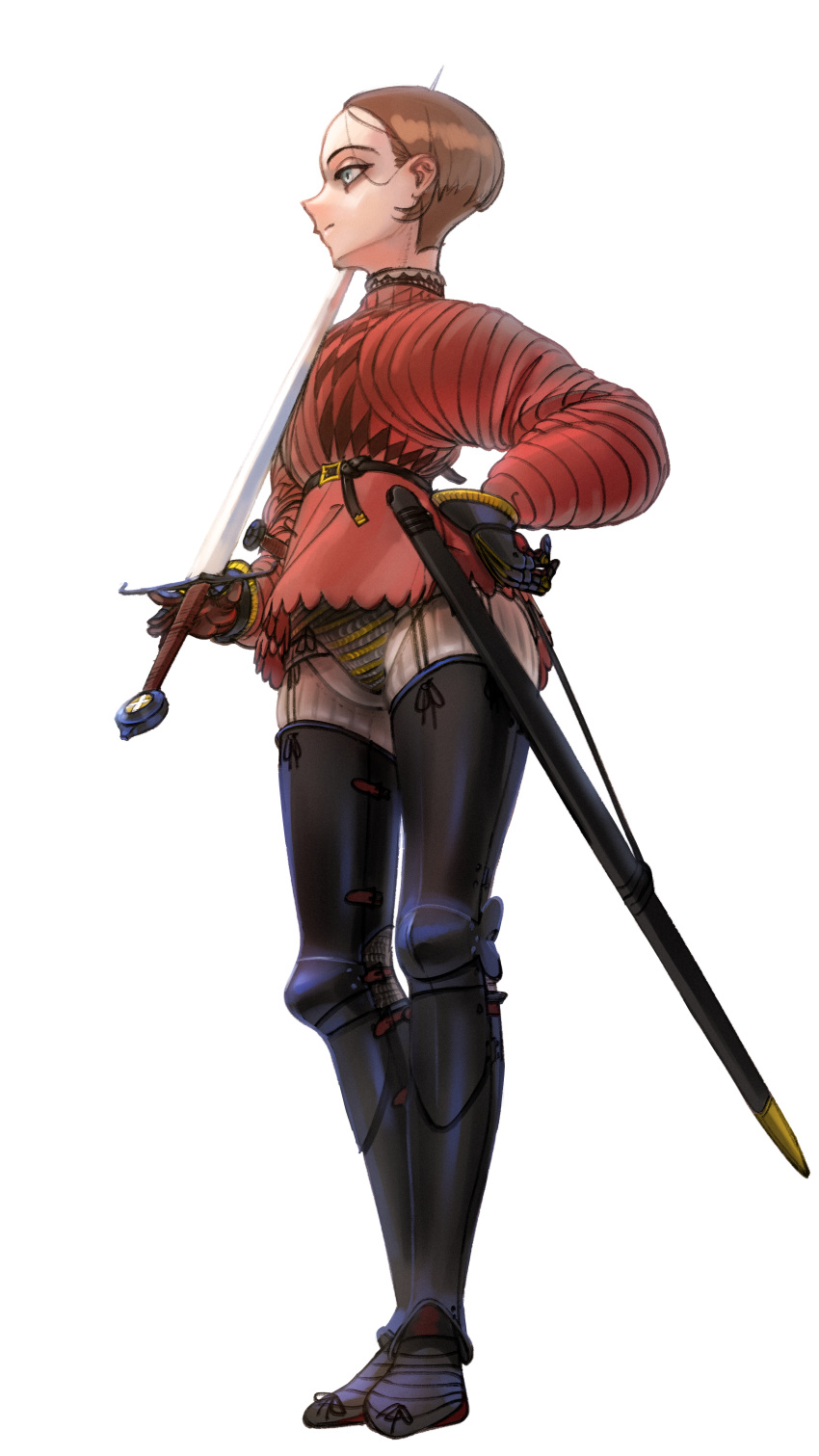 1girl absurdres armor brown_hair closed_mouth emmelot_(wassnonnam) from_side gambeson gauntlets green_eyes highres holding holding_sword holding_weapon original panties panties_over_clothes profile scabbard sheath short_hair simple_background smile solo striped striped_panties sword underwear unsheathed wassnonnam weapon white_background
