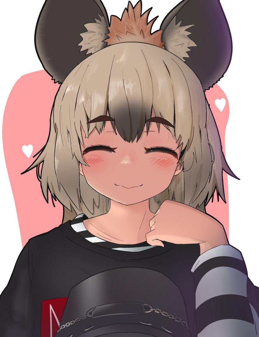 1girl ^_^ absurdres animal_ears bangs black_hair blush brown_hair closed_eyes closed_mouth facing_viewer grey_hair hand_up headwear_removed heart highres hyena_ears kemono_friends long_hair long_sleeves morrowine multicolored_hair official_alternate_costume shirt smile solo spotted_hyena_(kemono_friends)