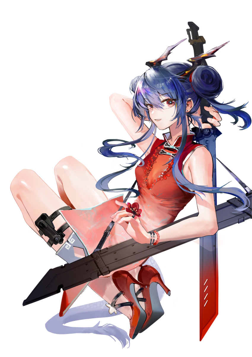 1girl absurdres arknights bare_arms bare_shoulders blue_hair bracelet ch'en_(ageless_afterglow)_(arknights) ch'en_(arknights) chi_xiao_(arknights) china_dress chinese_clothes double_bun dragon_horns dragon_tail dress hair_bun high_heels highres holding holding_sword holding_weapon horns jewelry long_hair red_dress red_eyes red_footwear scabbard sheath simple_background sleeveless sleeveless_dress solo sword tail thigh_strap thighs weapon white_background xob